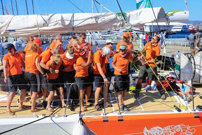 Crew of the winner of the Sydney Hobart Clipper Yacht Race Da Nang Viet Nam at the dock in Hobart, Wednesday, Dec. 30, 2015. (AAP Image/Rob Blakers) NO ARCHIVING, EDITORIAL USE ONLY. © Clipper Ventures
